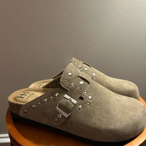 Studded Suede Clogs with Buckle